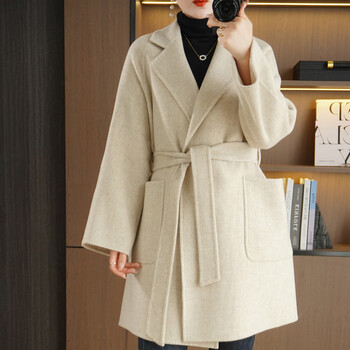 罗蒙澳洲产双面羊绒大衣女短款韩版高端气质100纯羊毛加厚混米色m