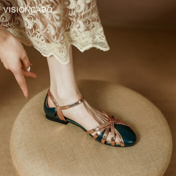 威森卡伯（visioncabo）下架复古风包头凉鞋女低跟一字带罗马鞋女夏季 绿色 38