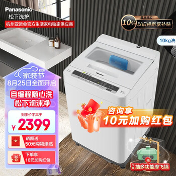 松下(Panasonic)10公斤大容量全自动家用洗脱一体波轮洗衣机官方泡沫净自编程预约洗 XQB100-H163W