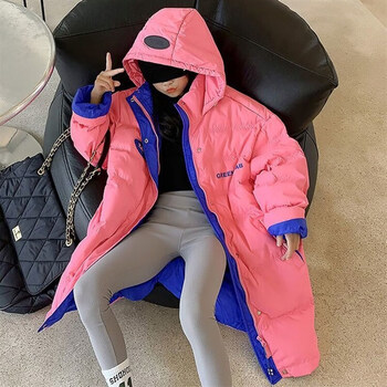 羽绒服女12至14青少女高中学生韩版女生冬季中长款新款连帽玫红色120