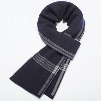 羊毛围巾男士深藏蓝条纹韩版潮围脖长款冬季保暖年轻人披肩 tf25-藏蓝