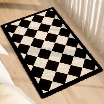 棋格盘地毯黑白格棋盘卧室毛绒卫生间浴室吸水垫厕所门口地毯洗手间