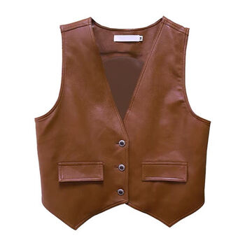 皮马甲女春秋外穿2021年新品复古时尚宽松pu短款棕色春季外搭上衣