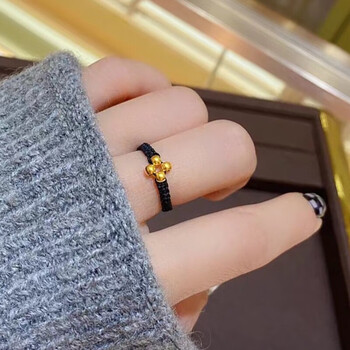 周大福999硬金小金珠戒指小金豆编织红绳四叶草戒子送女友指环 4颗