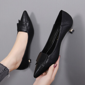 雅尔索夏天女皮鞋女式真皮单鞋半高跟夏季细跟中跟尖头黑色女鞋958