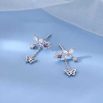 薇卡瑞s999足银蝴蝶流苏耳钉女新款仙女风花朵耳坠耳饰品银白色足银