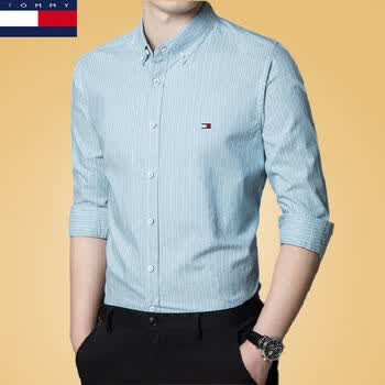 tommyjeans汤米长袖衬衫男tommy商务休闲版纯色百搭衬衣长袖条纹100棉
