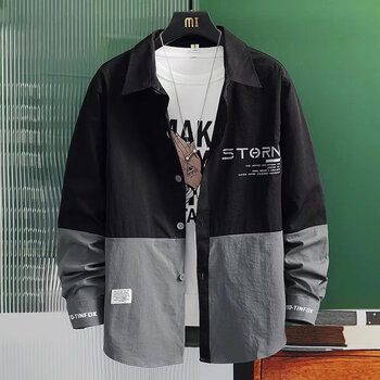 瑰妮姿春夏季新款薄款男士长袖衬衫潮流时尚宽松休闲学生印花衬衣男