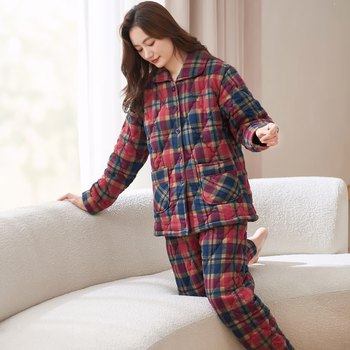 圆人睡衣女冬季加厚纯棉夹棉服秋冬款中年妈妈大码格子家居服套装y