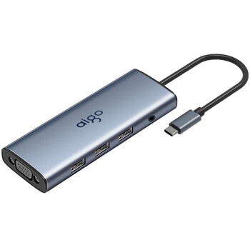 爱国者（aigo）Type-C扩展坞USB3.0分线器千兆网口HDMI/VGA转接器 SD/TF读卡器3.5音频PD100W拓展坞T10-R(金属)