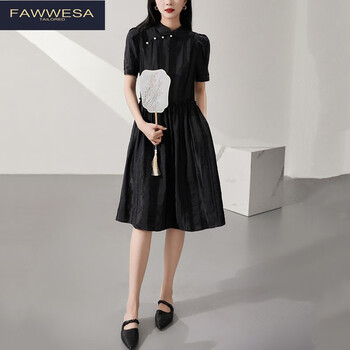 品女装新中式名媛风小立领温柔连衣裙遮肚棉麻气质高级裙子 黑色 m