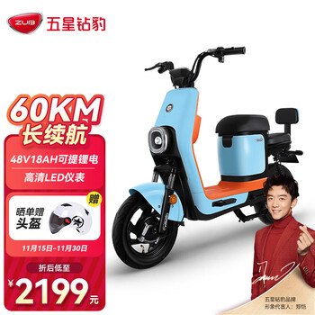 五星钻豹电动车 新国标48V18AH锂电可提电瓶车男女代步车轻便两轮电动自行车 B5plus-18 活力蓝/源彩西瓜红