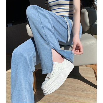 牛仔裤女夏薄款松紧腰垂感显瘦小个子浅色直高品质雾霾蓝9651s建议