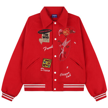 客莱伊秋冬复古街头disco徽章补丁刺绣棒球夹克百搭外套男红色l