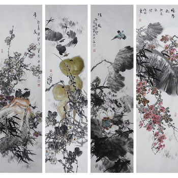带合影 中美协会员 王维舒《花鸟四屏》v228