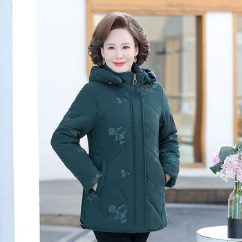 爱博尔女装冬季棉袄连帽保暖外套40岁到50岁棉衣防寒abd墨绿5xl