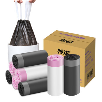 妙洁抽绳垃圾袋黑白两色45*50cm160只1.2丝点断式中号加厚厨房用