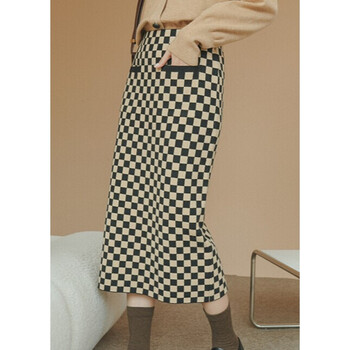 sh半身裙女秋冬新款棋盘格针织半身裙设计感口袋开衩一步裙高腰显瘦