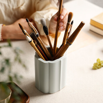 漢墨 汝窑海棠毛笔笔筒 大号容量陶瓷器学生毛笔收纳笔筒 文房四宝办公桌面高颜值瓷器摆件