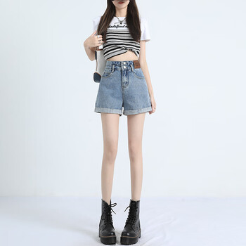 蓝色高腰牛仔短裤女2023年新款夏季宽松显瘦小个子阔腿a字热裤浅蓝25