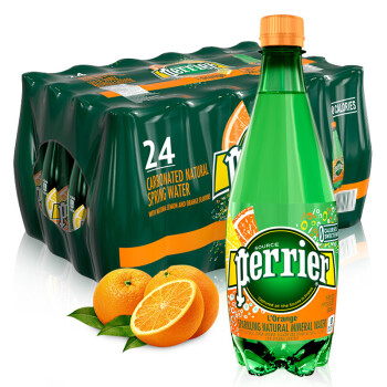 法国原装进口 巴黎水（Perrier）含气天然矿泉水 橘子味气泡水500ml*24瓶 整箱
