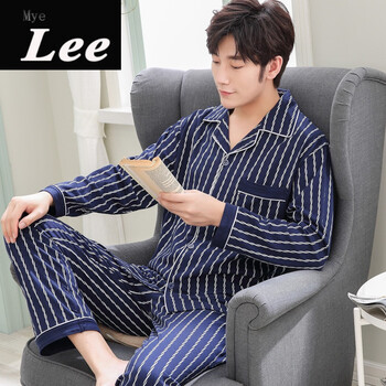 罗丽丝睡衣男夏纯棉长袖春秋冬季大码休闲男士全棉青中年薄款家居服