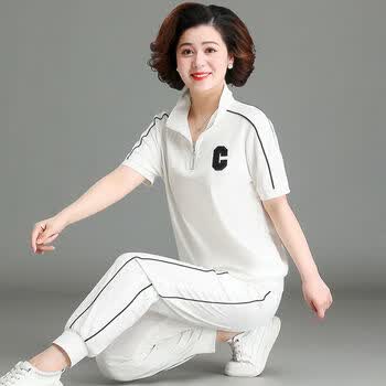 乔甫夏天女装套装时尚五十岁中年妈妈夏装运动服洋气大码中老年短袖t