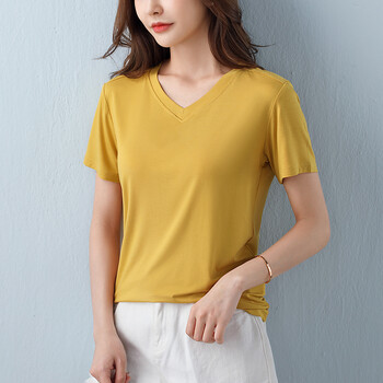 短袖夏季薄宽松纯色大码短款v领内搭休闲打底衫上衣黄色v领短款s