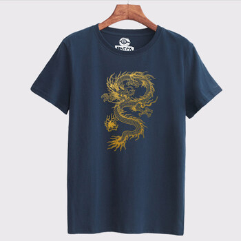 的衣服中国风龙烫金男装t恤简约时尚半袖大码宽松男装天 藏青  烫金龙