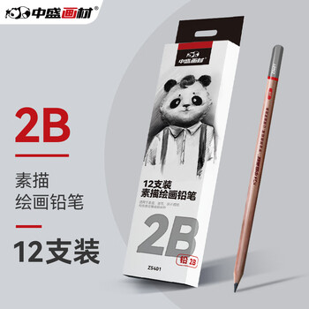 中盛画材2B铅笔素描学生考试专用绘画图写字铅笔六角笔杆12支/盒美术写生