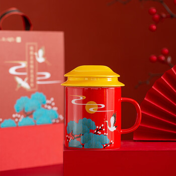平仄故宫文创茶水分离泡茶杯陶瓷马克杯礼盒送朋友生日礼物瑞鹤呈祥