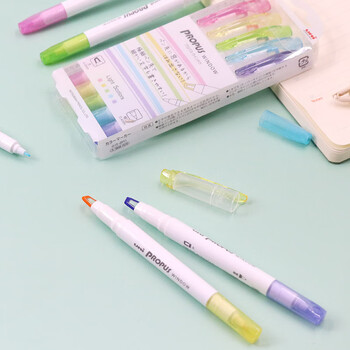 uni三菱 双头荧光记号笔 学生作业手账绘画标记笔彩色笔 PUS-103T 5色淡色系套装