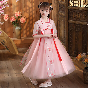 迪士尼disney品牌童装儿童古装汉服轻纱女童连衣裙秋冬中国风樱花公主