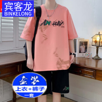 宾客龙（BINKELONG）夏季纯棉短袖t恤男孩12-17岁初中学生13大童运动上衣16 粉色 XL【120-140斤】