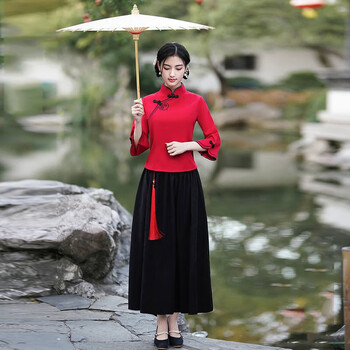 二件套红色演出回娘文艺唐装中国风汉服女旗袍 一套 红色上衣 裙子