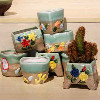 好韵创意多肉陶瓷花盆 桌面植物盆栽花器 彩釉系列 一套7个