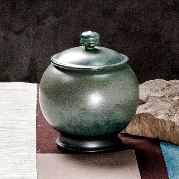 
                                        空空茶道 茶叶罐 陶瓷大号 醒茶罐茶道配件粗陶茶仓 小平茶仓(绿色)                