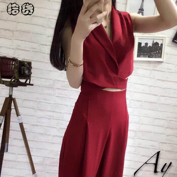 
                                        拾货2016夏款女装时尚显瘦套装个性潮流短袖短款V领女阔腿九分裤高腰裤套装OL气质职业 酒红色 S                