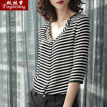 枫林梦2016秋装新款OL气质桑蚕丝条纹真丝衬衫女两穿A517 XXXL