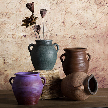 复古陶罐 陶瓷土陶罐粗陶花盆装饰餐桌静物花瓶摆件客厅插花干花创意