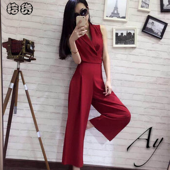 
                                        拾货2016夏款女装时尚显瘦套装个性潮流短袖短款V领女阔腿九分裤高腰裤套装OL气质职业 酒红色 S                