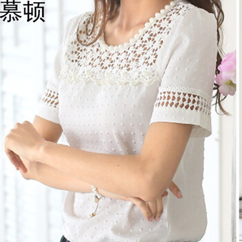 慕顿2015夏装新款大码女装宽松蕾丝短袖女t恤女上衣雪纺衫Q022 白色 XL