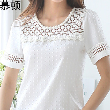 慕顿2015夏装新款大码女装宽松蕾丝短袖女t恤女上衣雪纺衫Q022 白色 XL