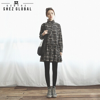 shezglobal韩国SZ秋季新品女装长袖立领打底裙外套波普图案印花打底连衣裙 黑色 M