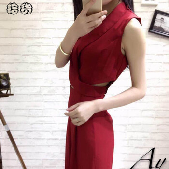 
                                        拾货2016夏款女装时尚显瘦套装个性潮流短袖短款V领女阔腿九分裤高腰裤套装OL气质职业 酒红色 S                