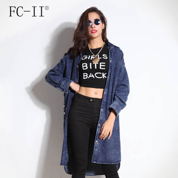 fcii 欧洲站牛仔外套超长款衬衫女风衣长袖复古大码时尚宽松潮女风衣 蓝色 S