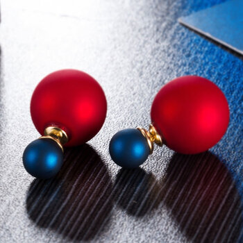 东大门时尚气质磨砂水晶双面珍珠耳钉女耳环耳饰配饰女 双面珍珠红色