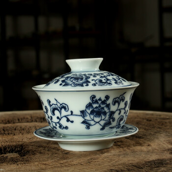 亦紫陶景德镇纯手工盖碗茶杯青花瓷功夫茶具茶碗薄胎三才盖碗古青花