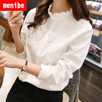 menibe 新款韩版打底白衬衫女长袖花边立领小清新大码女士衬衣潮 白色 M