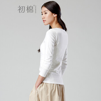初棉2016春装纯色有机棉圆领套头长袖T恤修身内搭打底衫女 本白 M